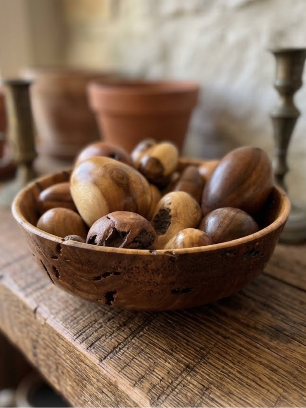 Vintage Hand-Turned Artisan Wooden Bowl with Curated Polished Wood Eggs
Rustic